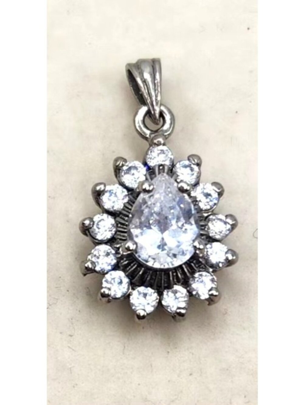 Vintage Silver Tone Cubic Zirconia Teardrop Pendant